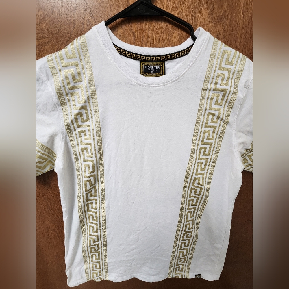 Level 10 Couture Elegant White Tee with Gold Accents Size M